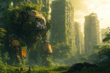 A giant mech covered in foliage stands among crumbling skyscrapers, illuminated by the golden glow of sunset in a deserted city. Generative AI