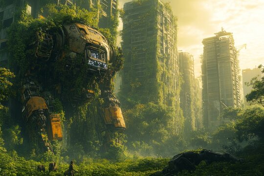 A giant mech covered in foliage stands among crumbling skyscrapers, illuminated by the golden glow of sunset in a deserted city. Generative AI