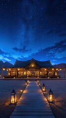 Fototapeta premium A wooden lodge beneath a vibrant night sky, dotted with numerous stars and the milky way. A walkway of light brown wooden planks leads to the entrance of the lodge. Numerous lanterns placed along the
