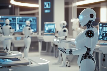 Several advanced robots engage in complex tasks in a modern laboratory filled with cutting-edge technology and screens. Generative AI