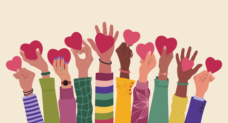 Group of multiracial hands raised up holding hearts. Volunteering, charity, donation concept. Hand drawn vector vector illustration isolated on light background, flat cartoon style.
