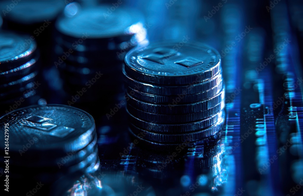 Poster stacks of metallic coins overlaid on a blue digital background displaying binary code representing m