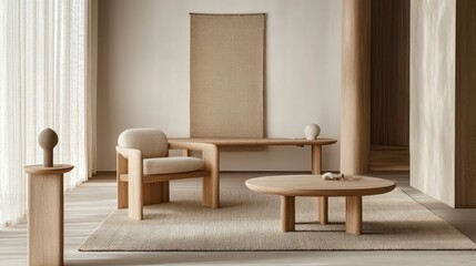Serene interior with natural wooden furniture and minimalist decor elements