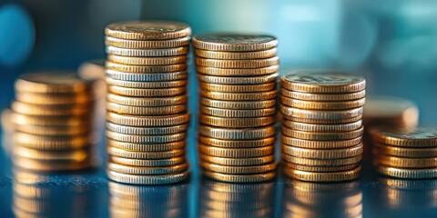 Stacks of Golden Coins Reflecting Soft Light, Showcasing Wealth, Investment, and Prosperity in a Captivating Macro Perspective on a Gleaming Surface