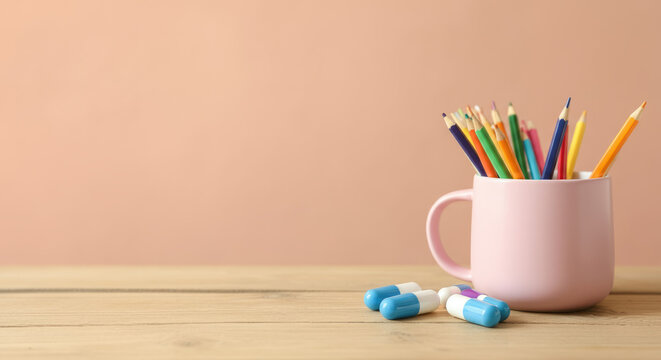 A pink mug with a bunch of pencils and pills on a wooden table
