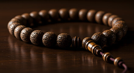 Dark brown wooden bead mala bracelet spiritual meditation jewelry accessory closeup photography image high resolution on transparent background zen art
