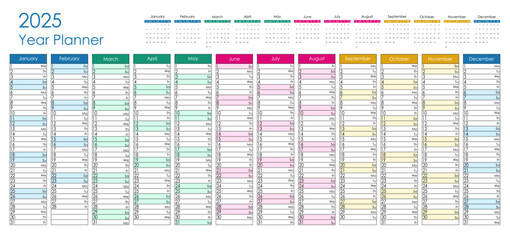 2025 colorful year planner. Vector design.