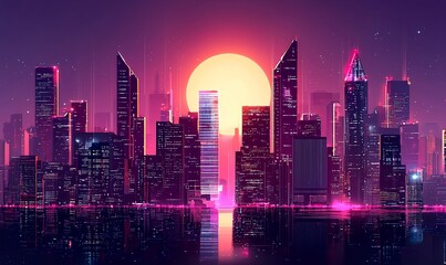 Fototapeta premium A futuristic cityscape featuring towering skyscrapers, neon lights, and advanced technology