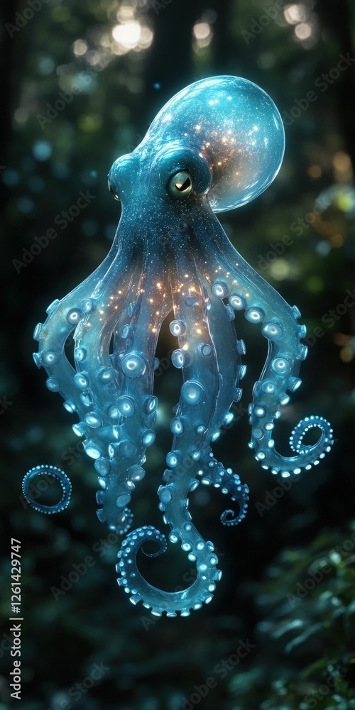 Wall mural Glowing blue octopus floats dark forest.