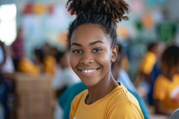 Naklejka premium Young African American female volunteer at community center