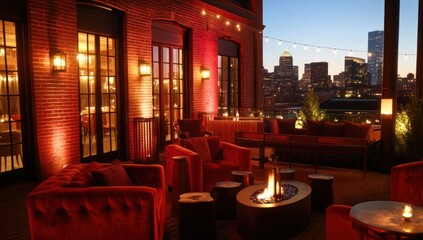 Rooftop Lounge with City Skyline View at Dusk