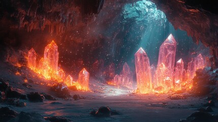 Fototapeta premium Fiery crystals illuminate mystical cave interior