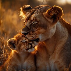 Fototapeta premium Beautiful bonding between lion and cub in a peaceful and loving moment Picture