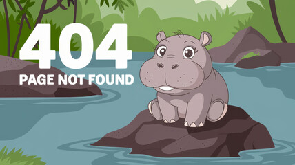 Cartoon hippopotamus sits on a rock in a river under a 404 page not found message, in a jungle setting.