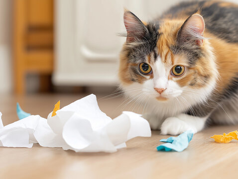 Calico cat playful and cute on the floor with paper, a domestic adorable feline