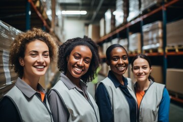 Fototapeta premium Smiling portrait of a young and diverse group of female warehouse workers