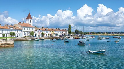 Obraz premium Sunny coastal town harbor, boats moored, summer day, idyllic scene, tourism