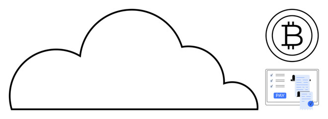 Cloud outline with a Bitcoin logo and payment form. Ideal for technology, finance, cryptocurrency, cloud computing, online payments, digital transactions, financial technology concepts. Abstract line