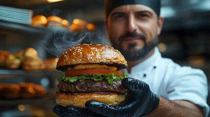 Artisanal burger masterpiece, chef presents steaming culinary delight