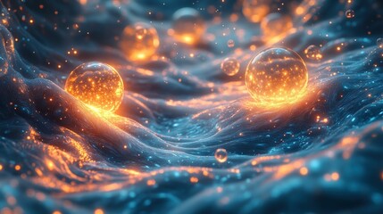 Glowing orbs rest on a shimmering, blue surface.