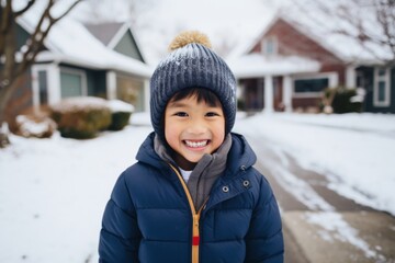 Smiling young boy on the driveway during winter in suburb