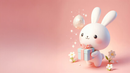 3D easter rabbit in cute cartoon style, basket eggs, colorful flowers, isolated on pastel background. with copy space