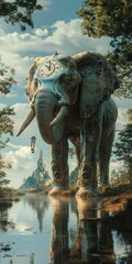 Fototapeta premium Clockwork elephant stands serene by tranquil lake