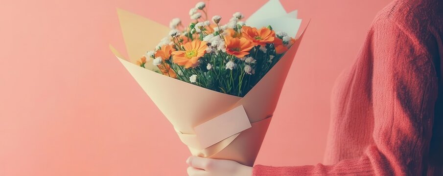 A handwritten note wrapped around a bouquet flat design side view romantic gesture cartoon drawing colored pastel