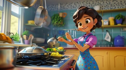 Happy cartoon woman cooking in a sunny kitchen.