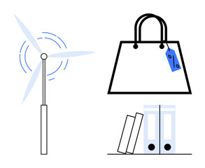 Cartoon wind turbine, shopping bag with tag, two folders and book emphasizing sustainability, organization, eco-friendly practices. Ideal for green energy, retail, business, environmental