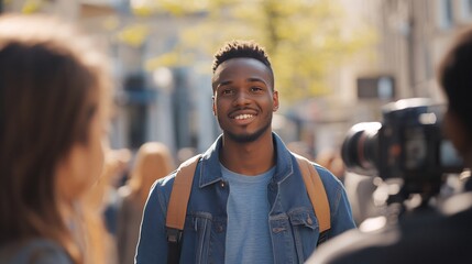 Fototapeta premium Entrepreneur navigating through a busy street conducting informal interviews with passersby while capturing realistic expressions and diverse backgrounds