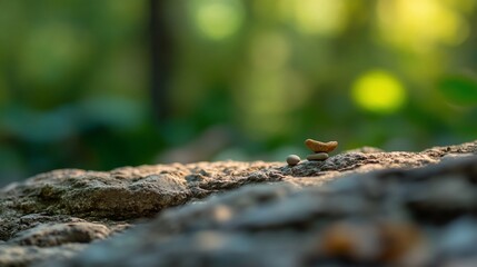 Balanced stones on rock, forest bokeh background.