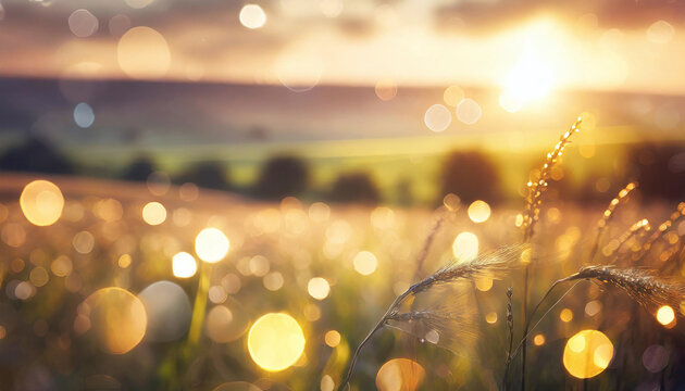 champ de bl&eacute; dor&eacute; au coucher du soleil avec un effet bokeh lumineux