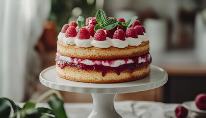 Delicious raspberry cake with fresh mint topping on decorative plate