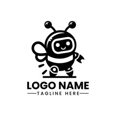 Minimalist Bee Robot Logo  Black Vector Design on White Background  Futuristic Tech-Inspired Mascot