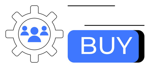 Gear with user icon beside bold blue BUY button with stylized lines. Ideal for online shopping, e-commerce, digital marketing, user interaction, website interface, consumer behavior, and technology