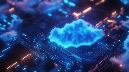 Fototapeta premium Blue Cloud Floating Above Circuit Board Representing Cloud Computing Technology in Digital Transformation Era