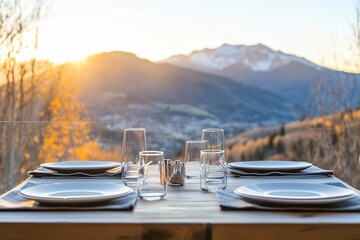 Romantic sunset dinner setting on mountaintop terrace with stunning views.