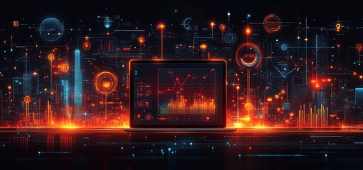 Obraz premium A sleek banner featuring a tablet displaying a business growth plan, surrounded by neon icons of collaboration, innovation, and success.