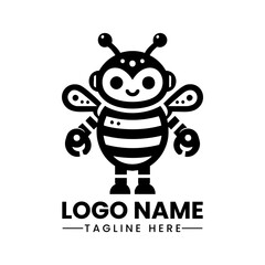 Minimalist Bee Robot Logo  Black Vector Design on White Background  Futuristic Tech-Inspired Mascot