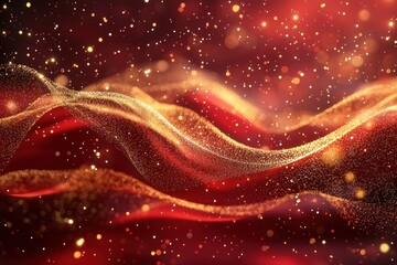 Obraz premium Abstract Christmas illustration with golden particles floating across a rich red background, creating an elegant holiday banner.