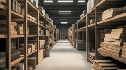 Obraz premium Warehouse Interior in Soft Focus Featuring Industrial Storage of Furniture Merchandise, Wooden Materials, and Construction Supplies with Long Aisles and Tall Shelving