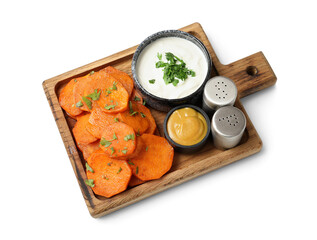 Wooden board with baked sweet potato and bowls of sauce on white background