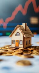 Miniature house on coins with falling stock market background