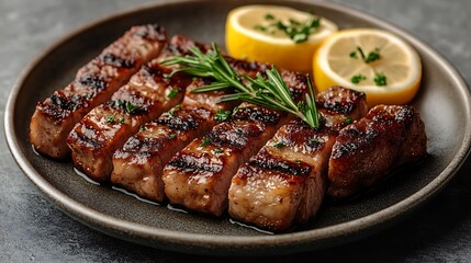 Succulent grilled meat with rosemary and parsley garnishes on a plate Picture