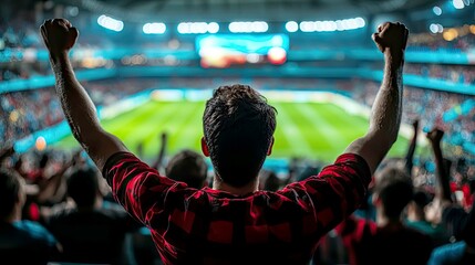 Euphoric Fan Celebrates at a Thrilling Soccer Match in a Packed Stadium