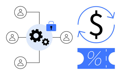User network connected by gears, blue lock symbol, dollar sign with arrows indicating transactions, discount percentage symbol. Ideal for business process automation, security, collaboration