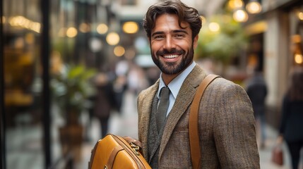 Fototapeta premium Businessman in a professional suit holding a briefcase and smiling confidently on a transparent background