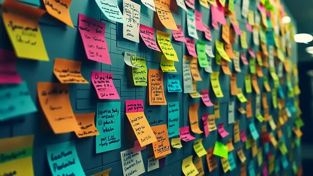 A vibrant wall covered with colorful sticky notes showcasing ideas and tasks in a creative workspace