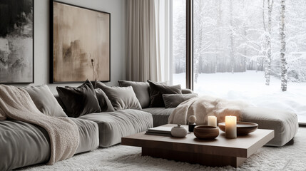Minimalist interior design of modern livingroom with neutral tones and winter landscape view
